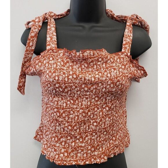 Dizzy Lizzy Smocked Crop Top Women's XL Rust‎ Orange White Floral Tie-Straps NEW - Picture 9 of 11